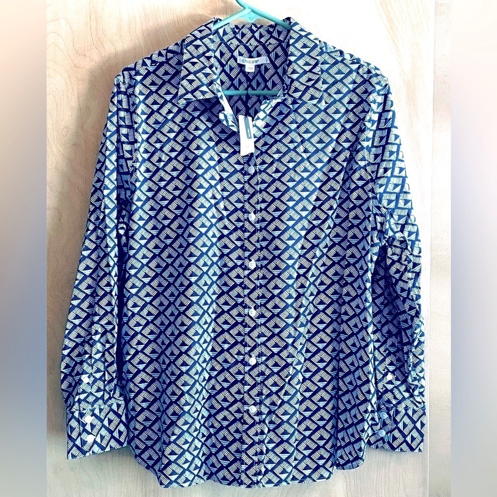 CHICO’S Shirt No Iron Cotton Blue White Print Women’s 16 XL Chico’s Sz 3 NWT
